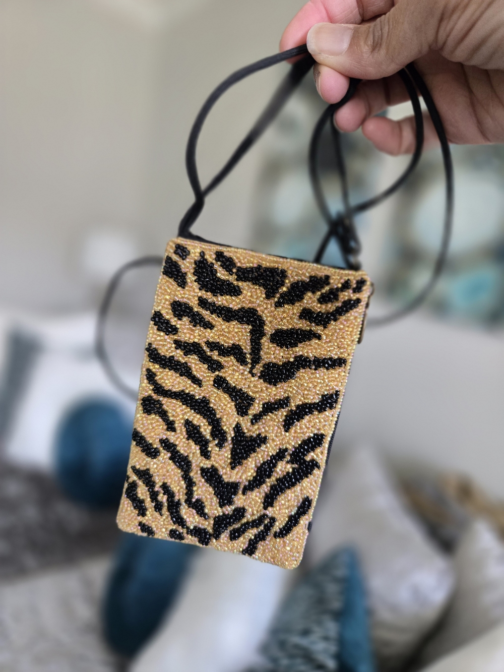 Beaded Tiger Print Crossbody  Pouch